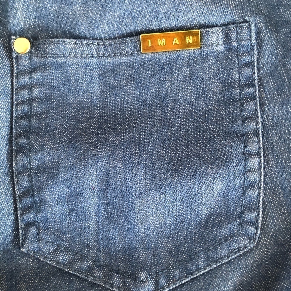 IMAN Denim Pants Three Pocket Pant Gold Logo Studs and Button Size S - Picture 10 of 11